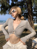 DAIIIBABYYY  -  American Hot Girl Hollow V-neck T-shirt for Women's Spring Long-sleeved Grey Slim Fit Sexy Short Top Fashion Female Clothes