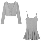 Daiiibabyyy  Two Piece Sets Women Clothing Sun Protection Crop Korean Cardigan + Fashion A-Line Mini Slip Dress Autumn Y2k Solid Color Suit