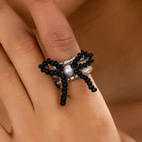 Daiiibabyyy  Bow Glass Bead Ring Fashionable Y2K Sweet Exquisite Transparent Bead Three-Layer Design Ring Daily Party Wedding Jewelry Gifts