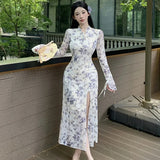 DAIIIBABYYY  -  Autumn Floral Mesh Long Sleeve Chic Bow Collar Long Dress Women Elegant Bodycon Slit Dress 2025 Korean Fashion Party Night Dress