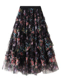 Daiiibabyyy  Early Fall Floral Print Ruffle Mesh Skirt Women Irregular Flowy A-line Midi Skirt for Travel, Beach, Shopping