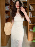 Daiiibabyyy Elegant Mesh Two Piece Dress Set Slim Midi Dresses for Women Frence Retro Lace Y2K Bodycon Birthday Party Dress Prom Vestidos