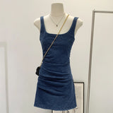 Daiiibabyyy  Women's Summer Blue Denim Short Dress High Waist Folding Strap Hip Wrapping Slimming Fit Mini Dresses 2025 New Style Fashion
