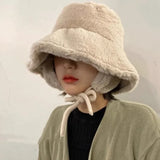 DAIIIBABYYY  -  Korean New Ear Protection Bucket Hats for Women Autumn and Winter Travel Versatile Warm Retro Solid Color Plush Men's Caps