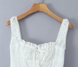 Daiiibabyyy  Sexy White Emboridery Flower Bow Ruched Chest Elastic Strap Mini Tank Dress Low Waist Spliced Folded Swing Women Sleeveless Robe