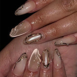 Daiiibabyyy  24Pcs Mid-length Almond False Nails with 3D Irregular Gilding Full Cover Nails Tips Cat's Eye Pearl Wearable Press on Fake Nails