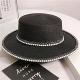 DAIIIBABYYY  -  Summer Elegant Pearl Chain Flat Sun Hat Women's Straw Panama Wide Brim Anti-UV Beach Cap Feminino Chapeu Girl Topee