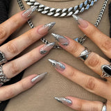 Daiiibabyyy  24PCS Purple French False Nails with Glue Metallic Silver 3D Designs Almond Press on Nails Full Cover Sweet Cool Wearable Nails