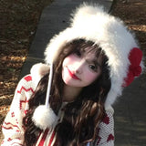 Daiiibabyyy  New Christmas Sweet Cute Ear Protection Hats Autumn Winter White Plush Red Bow Cat Hat Outdoor WindProof Cap Festival Gifts