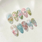Daiiibabyyy  24Pcs Blue Pink Smudge False Nails Press on Bow Flower Butterfly Star Full Cover Nails Tips Mid-length Almond Wearable Fake Nail