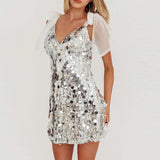 Daiiibabyyy  Shiny Sequins Sleeveless Slim Fit Women's Dress Sexy Backless Summer Mini Dresses Low Cut V Neck Mesh Suspender Club Party Dress