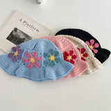 Daiiibabyyy Japanese Niche Colorful Flowers Hollow Knitted Bucket Hats for Women Spring and Summer Vacation Fashion Versatile Basin Caps