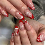 Daiiibabyyy  24Pcs Mid-length Almond Fake Nail Red Striped French Christmas Hat Press on False Nails Snowflake Wearable Full Cover Nails Tips