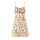 Daiiibabyyy  Women Summer French Style Retro Flower Print Ruched Chest Sling Dress Elastic Back Short Chiffon Dresses Holiday Robe Vestido