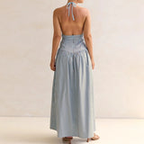 Daiiibabyyy  Women Halter Neck Striped Backless Maxi Dress Summer Sleeveless Long Dress Vacations Outdoor Backless Flowy Dress