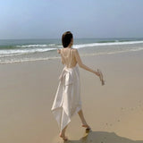 DAIIIBABYYY  -  Super Fairy Sexy Sanya Beach Resort Party Skirt Women Elegant Pearl Backless Bow Dress Summer Holiday Apricot Glossy Midi Dress