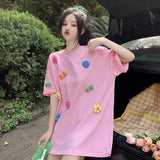 DAIIIBABYYY  -  Summer Casual Korean Bright Line Decoration Short Sleeve T-Shirts Female Korean Loose Mid Length Top Simplicity O-neck Top Tee
