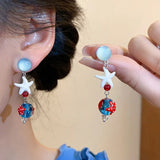 Daiiibabyyy  Resin Starfish Dangle Earrings for Women Colorful Glaze Simulated Cat's Eye Stone Eardrop Seaside Holiday Trendy Party Jewelry V