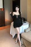 Daiiibabyyy  Hot Girls Short Party Dress Women Summer New Strapless Sheath Club Dress with Sleeves Hollow Out Lace Trim Mini Black Dresses