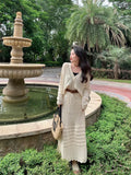 DAIIIBABYYY  -  Knitted Two Piece Sets Women's 2pc Crochet Hollow Out Fashion Long Sleeve V Neck Shirt Cardigan&High Waist A Line Skirt Suits