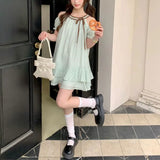 Daiiibabyyy  Summer Mint Green Polka Dot Layered Mini Dress Sweet Off Shoulder Female Clothing O-Neck Stylish Drawstring Bow A-Line Dresses