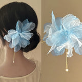 Daiiibabyyy  New Chinese Style Gentle Gradient Fabric Flower Hair Sticks for Women Sweet Chains Tassel Imitation Pearl Hairpin Fairy Headwear