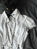 Daiiibabyyy  Y2k Aesthetic Turn Down Collar Women Blouse Harajuku Slim Fit Pleated Grunge Shirt Summer Vintage Puff Sleeve Bandage Blusas