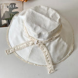 DAIIIBABYYY  -  Japanese Plaid Lace Bow Decorative Bucket Hat Women's Spring Summer Outdoor Shading Big Brim Vacation Foldable Lace-up Sun Cap