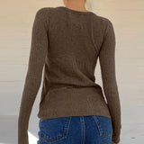 DAIIIBABYYY  -   Women Plain Ribbed Knit Slim Fit Pullovers Top Front Button Long Sleeve Sweater T-shirt Vintage Grunge Y2K Aesthetic Jumpers