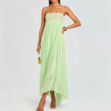 Daiiibabyyy  Elegant Lace Embroidery Splice Party Dress Lady Fashion Sleeveless Pleat Solid Long Dress Sexy Off Shoulder Silk Suspender Dress