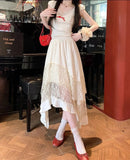 Daiiibabyyy  Irregular Sweet Lace Midi Skirt Women High Waisted Ruffled Pleated Skirt Preppy Style Summer Vacation Beach Tiered Cake Skirt