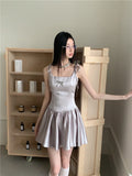 DAIIIBABYYY  -  Silver Pink Cute Satin Short Dress 2024 Women Bow Square Neck Ball Gown Mini Corset Dress Vacation Clothes