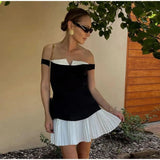 Daiiibabyyy 2024 Summer Elegant Off Shoulder Contrast Colors Mini Dress Women Slash Neck Sleeveless Backless Pleated Party Streetwear Robe