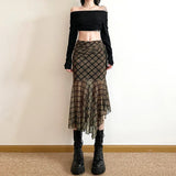 DAIIIBABYYY  -  New Women's Solid Color Slim Fit Street Fashion High Waist Bag Hip Plaid Skirt