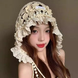 Daiiibabyyy  Sweet Pearl Tassels Crochet Flower Knitted Hat Bohemian Style Thin Knit Cap Korean Handmade Ethnic Style Hat Outdoor