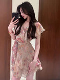 Daiiibabyyy  Vestidos De Mujer Summer Vintage Dress Women Clothing V Neck Printing Temperament Robe Femme Ruffled Bandage Mini Dresses