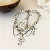 Daiiibabyyy  Y2K White Zircon Cross Pendant Necklace for Women Exquisite Leather Rivet Star Tassel Choker Vintage Punk Versatile Jewelry Gift