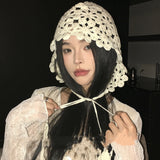 DAIIIBABYYY  -  Handmade Hollow Crochet Hats for Women Knitted Beanies Cap Ethnic Tie Pullover Hat Autumn Winter Breathable Crochet Caps