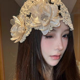 Daiiibabyyy  Girl's Cute Hats Korean Style Retro Pearl Flower Pullover Hat Featuring Knitted Hollowed Out Hook Flower Cap Knitted Bucket Hats