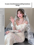 Daiiibabyyy  Wedding Bridal Veil Lace Pearl Trim Elegant Bride Headpiece for Wedding Ceremony Bridal Photoshoot,Lightweight Tulle Bridal Veil