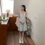 DAIIIBABYYY  -  Sweet Girl Off-shoulder Sleeveless Contrast Plaid Suspender Dress Women's French Loose Slimming Age-reducing Camisole Dresses