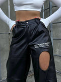 Daiiibabyyy Personalized Street Printed Letter Perforated Pu Leather Pants High Waist Wide Leg Casual Pants With Zipper And Pockets