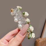 Daiiibabyyy  New Rose Flower Telephone Phone Line Hair Rope for Women Girls Elastic Pearl Ponytail Hair Loop Headwear Hair Accessories