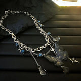 Daiiibabyyy  Purple resin butterfly four-star tassel pendant clavicle chain