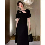 DAIIIBABYYY  -  Women's Summer Hollow Out Design A-line Dresses Large Size French Short Sleeve Dress Fashion Slimming Fit New Style Solid Color