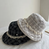 Daiiibabyyy  Japanese Plaid Bucket Hat for Women Spring Summer Breathable Sun Protection Hat Large Brim Lace Edge Foldable Fisherman Hats