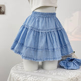 DAIIIBABYYY  -  Sweet Girl Mushroom Edge Splicing Color Contrasting Plaid Half Girls Summer 2025 High Waist A-line Layered Cake Skirt