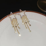 Daiiibabyyy  Gold Electroplated Colored Inlaid Rhinestone Star Tassel Earrings for Women Fashion Atmosphere Drop Earring Trendy Jewelry