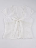 Daiiibabyyy  Sweet Prairie Chic Solid Lace Patchwork V Neck Short Sleeve All Match Women Shirt