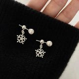 Daiiibabyyy  Shiny Zircon Snowflake Pendant Earrings for Women Exquisite Imitation Pearl Two Wear Earrings Party Charms Jewelry Accessories